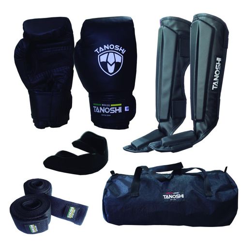 Kit Muaythai Preto Luva Boxe, Caneleira, Bucal, Bandagem, Bolsa Menor preço em Kit Muaythai Preto Luva Boxe, Caneleira, Bucal, Bandagem, Bolsa