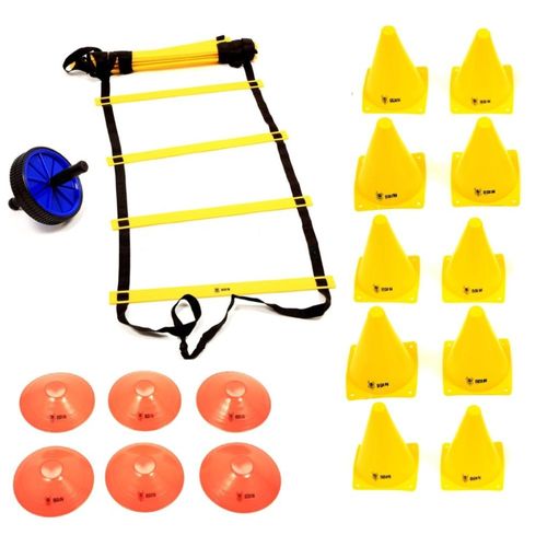 Kit Escada de Agilidade + Roda Abdominal + 10 Cones + 6 Chapéu Chinês Half Cone Odin Fit